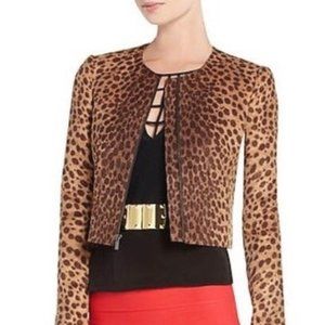 *NWOT* BCBGMaxAzria "Suvi" Cheetah Print Crop Zip-Front Vegan Suede Jacket - XXS